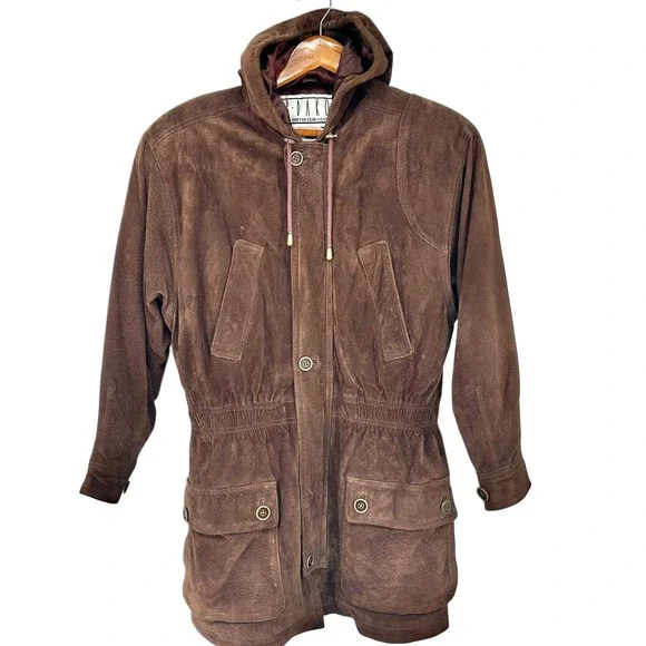 VTG Chocolate Brown Suede Jacket Hooded Leather Parka Oversized Sz S BB Dakota - Picture 4 of 14
